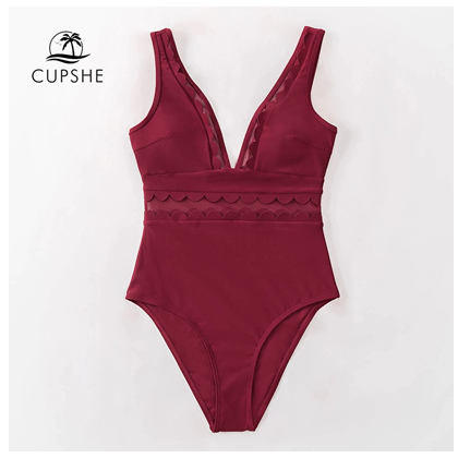 Solid Burgundy Mesh V-neck Swimsuit For Women Solid Burgundy Mesh V-neck Swimsuit For Women