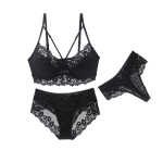 Women Back Closure 3 in 1 Thin Underwear Set - Black