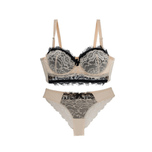New Sexy Thin Cup Lace Floral Pant & Bras Set - Beige