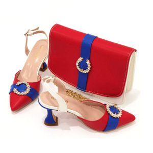 Women's Beautiful Rhinestone Party Shoe & Bag - Red